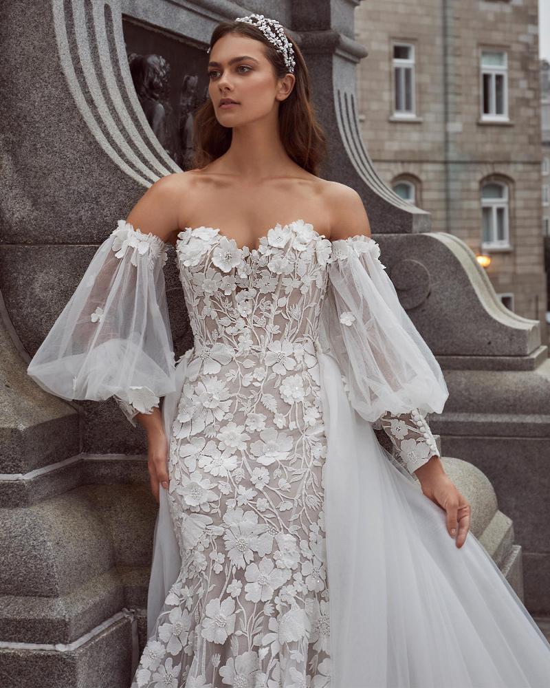 124121 strapless or long sleeve wedding dress with overskirt and 3d lace1